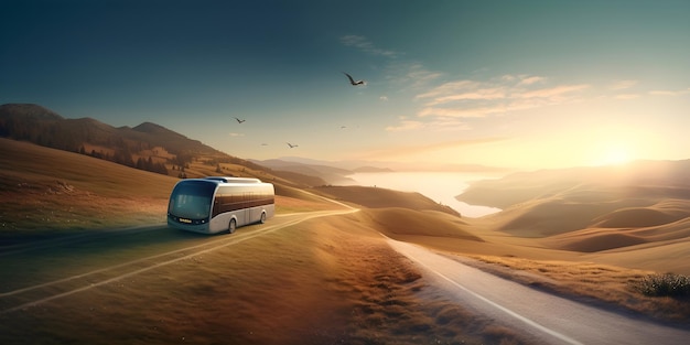 Conducción de autobuses turísticos modernos y cómodos al atardecer brillante y soleado Contenido generativo de IA