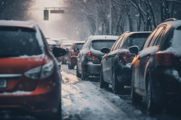 Conducción de automóviles en calles resbaladizas y nevadas Accidentes de transporte en la temporada de invierno Atasco de tráfico debido a nevadas en la ciudad