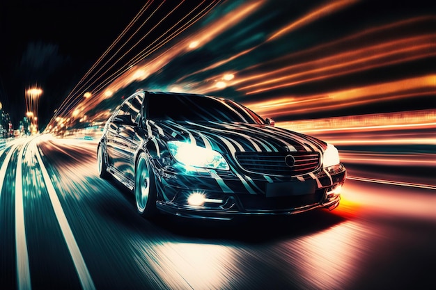Conducción de automóviles deportivos a alta velocidad en la carretera de la ciudad con efecto de desenfoque de movimiento