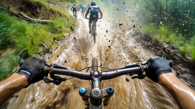 Foto conducción en bicicleta carrera dinámica por la montaña