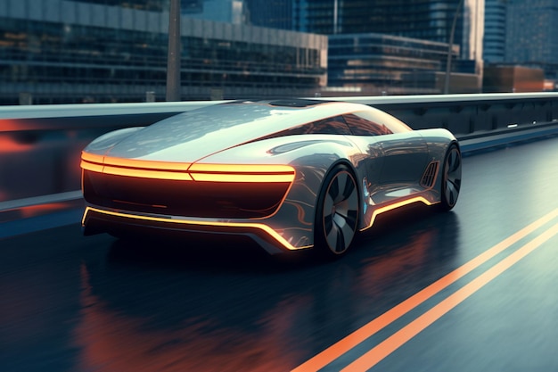 Conducción deportiva de lujo de alta velocidad en la ciudad concepto de coche futurista con superposición grunge genérico y marca menos IA generativa