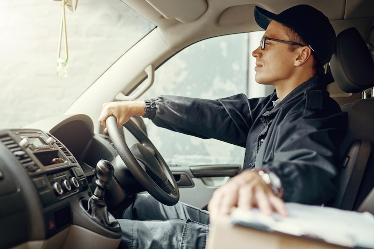 Foto conducción de entregas y hombre con caja en coche para distribución de comercio electrónico o industria de la cadena de suministro correo de carga y conductor con paquete de cartón en vehículo para transporte o servicio de dropshipping