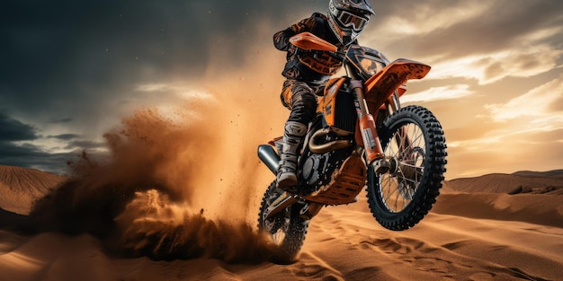 Conducción extrema en motocicleta Corredor en el desierto arenoso IA generativa de alta calidad