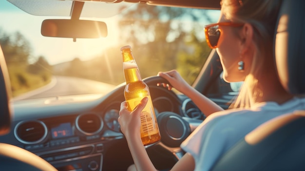 Foto conducción imprudente mujer joven conduciendo bajo la influencia del alcohol con una botella de cerveza en la mano