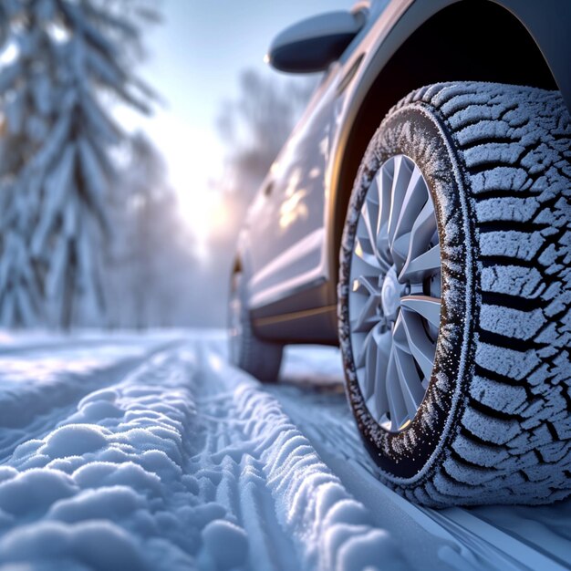 Foto conducción en invierno cerca de neumáticos de automóvil en una carretera cubierta de nieve para el tamaño de publicación en redes sociales