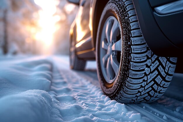 Conducción en invierno cerca de neumáticos de coche en una carretera cubierta de nieve