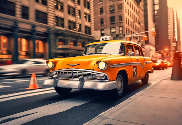 Conducción de taxi amarillo en el centro de una ciudad