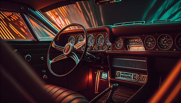 Conducción de velocidad del coche en la carretera en la ciudad de noche Tono de color de luces de neón noir de onda retro