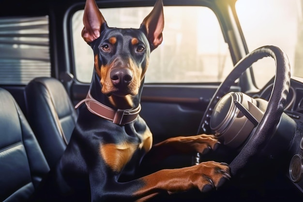 Conduciendo el automóvil, un perro doberman disfruta del viaje por carretera con la divertida escena del viaje animal