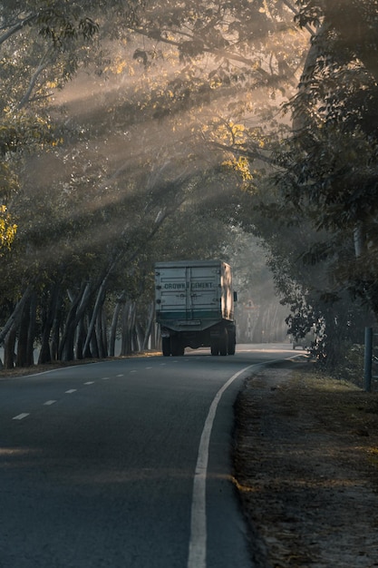 Foto conduciendo por la carretera de niebla en la mañana