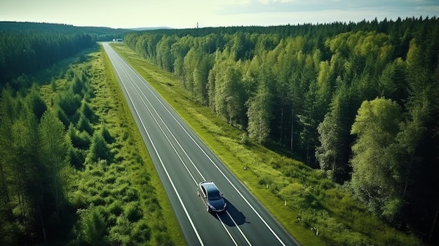 conduciendo a lo largo de un camino de campo a través del bosque en la vista de verano desde arriba