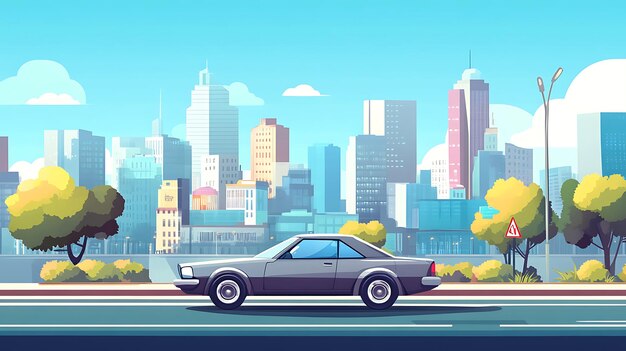 Conducir un automóvil clásico a través del paisaje urbano moderno