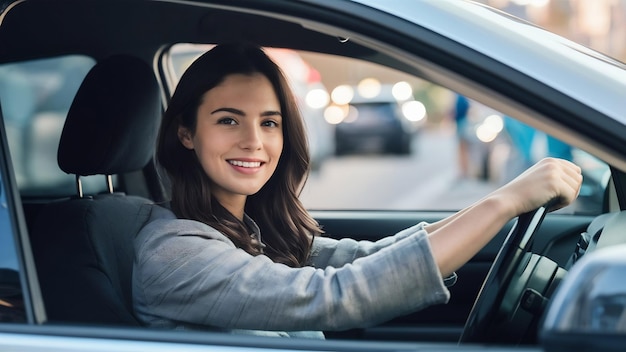 Conducir por la ciudad joven mujer atractiva sonriendo y mirando directamente mientras conduce un coche