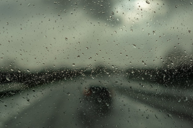 Conducir bajo la lluvia. Gota de lluvia sobre la superficie del vidrio del coche. Tráfico abstracto en día de lluvia. Vista desde el asiento del automóvil. Vista de la carretera a través de la ventanilla del coche con gotas de lluvia, enfoque selectivo.