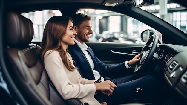 Conducir hacia los sueños Un viaje elegante de una pareja en el salón de automóviles