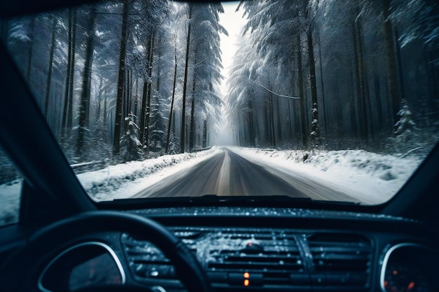 Conducir a través de bosques cubiertos de nieve