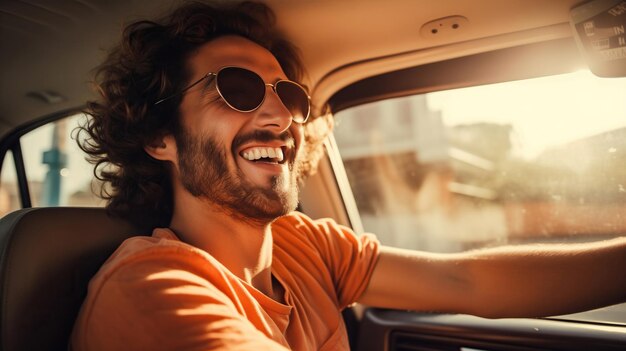 Foto un conductor alegre se sienta en la cabina de un taxi moderno disfrutando de la carretera abierta y la libertad