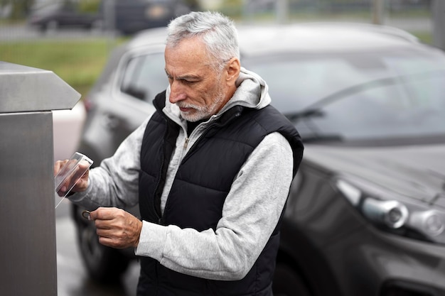 Conductor anciano que usa un aceptador de monedas para pagar un lavado de autos sin contacto en una máquina de autoservicio