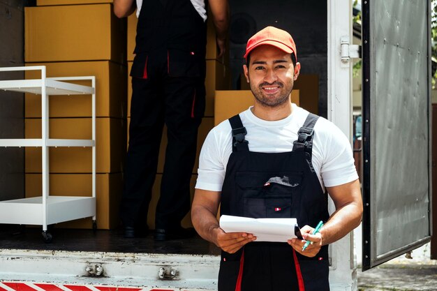 Foto conductor de camión asiático con gorra roja sosteniendo un portapapeles comprobando las listas de comprobación de paquetes de entrega