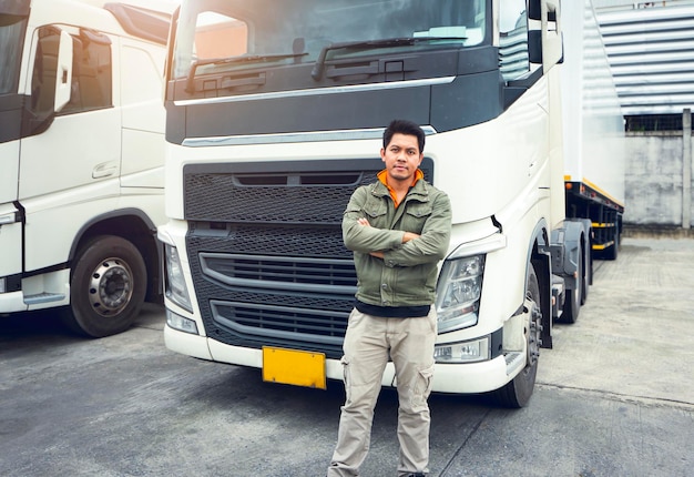 Conductor de camión asiático de pie con brazos cruzados con camiones semirremolque Lorryr Cargo Shipping