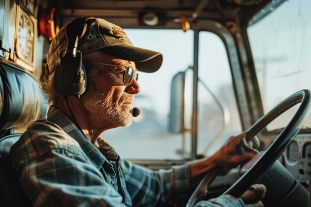 Foto el conductor de un camión está hablando por radio.