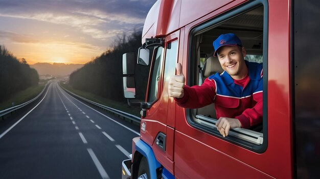 El conductor del camión muestra el pulgar hacia arriba a través de la ventana de la cabina