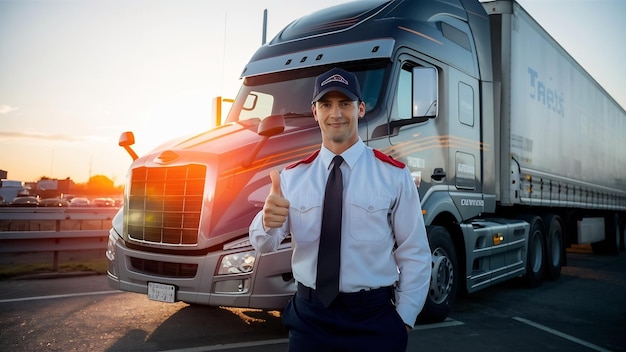 Conductor de camión profesional delante de un vehículo de transporte largo sosteniendo los pulgares hacia arriba listo para un nuevo