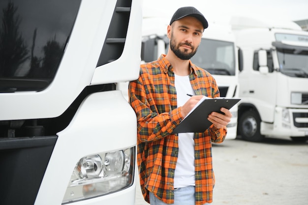 Foto conductor de camión revisando la lista de envíos mientras está parado en el estacionamiento del almacén de distribución