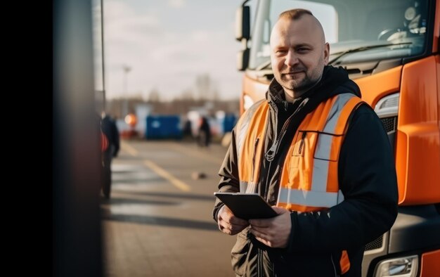 El conductor del camión sostiene la tableta