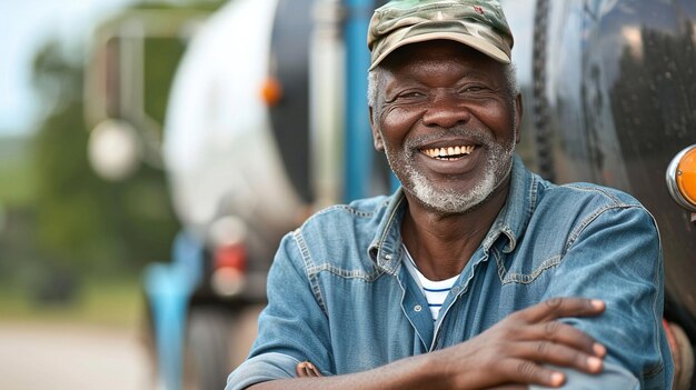 Foto un conductor de cisterna sonriente en la cabeza