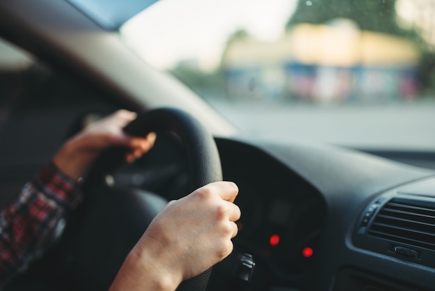 Conductor de coche femenino principiante se aferró a la rueda