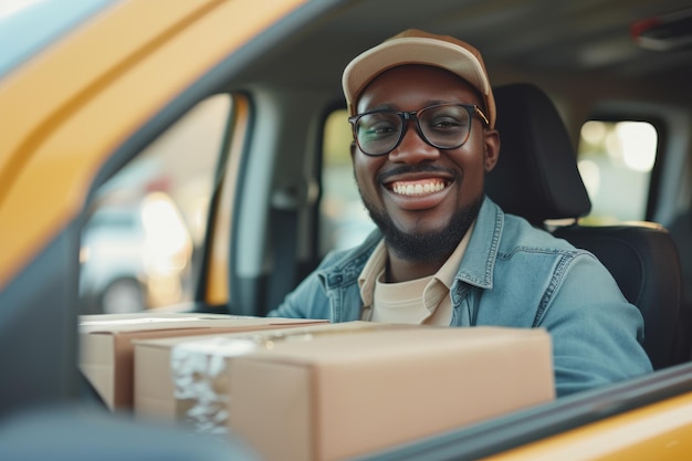 conductor conduciendo un automóvil con concepto de entrega de paquetes