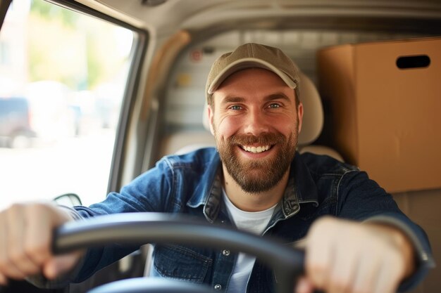 conductor conduciendo un automóvil con concepto de entrega de paquetes