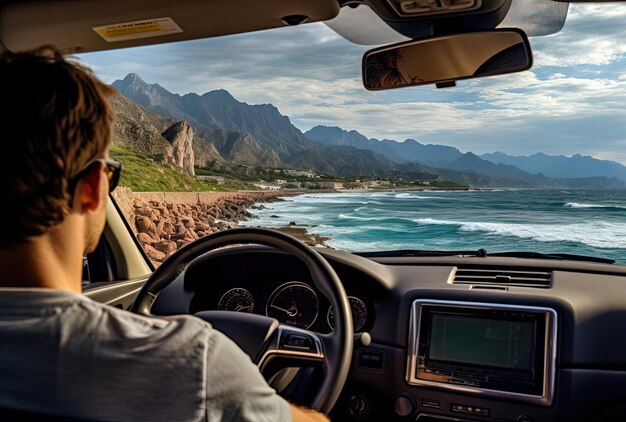 Foto un conductor conduciendo a las montañas a través del mar en el estilo de los paisajes mediterráneos