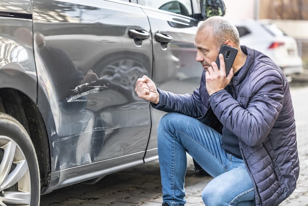 Un conductor enojado llama a la compañía de seguros o a la policía debido a un automóvil dañado