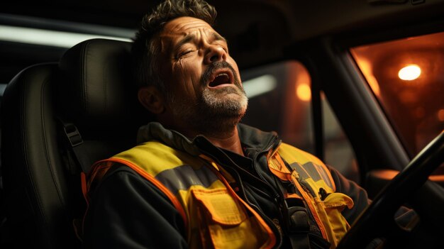 Conductor exhausto duerme y ronca en el camión