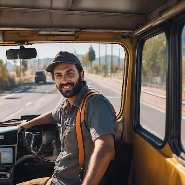 Conductor masculino alegre mirando hacia adelante mientras conduce el transporte público en un día cálido y soleado vista delantera de