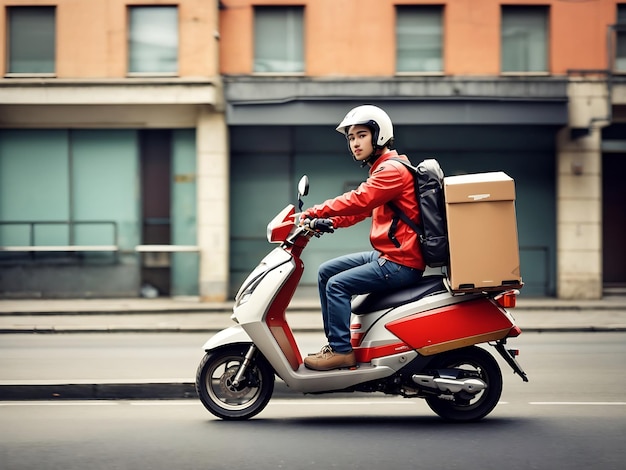 Conductor de motocicleta o scooter de entrega con caja de mensajería en el marco trasero ancho con área de espacio de copia Ai