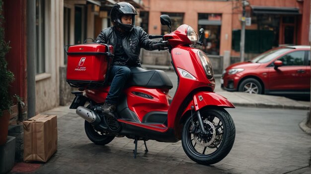 Foto un conductor de scooter con una mochila roja en la espalda está en camino para una entrega de alimentos asegurando una rápida