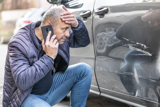 Un conductor sorprendido llama a la compañía de seguros o a la policía porque un culpable desconocido ha dañado su coche