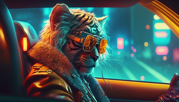 Conductor de tigre futurista en la noche Ilustración generativa de IA