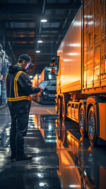 Foto conductores de camiones con clipboards en la mano puerta del contenedor de control la seguridad de la carga de envío inspección de mantenimiento