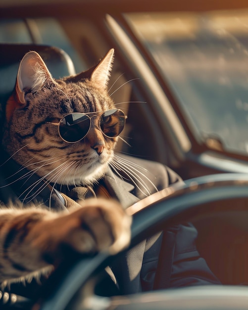 Foto condutor de gato com óculos de sol