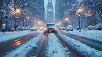 Foto conduzir um carro em uma rua da cidade coberta de neve no inverno conceito inverno conduzir rua coberta de neve paisagem da cidade viagem de carro condições desafiadoras