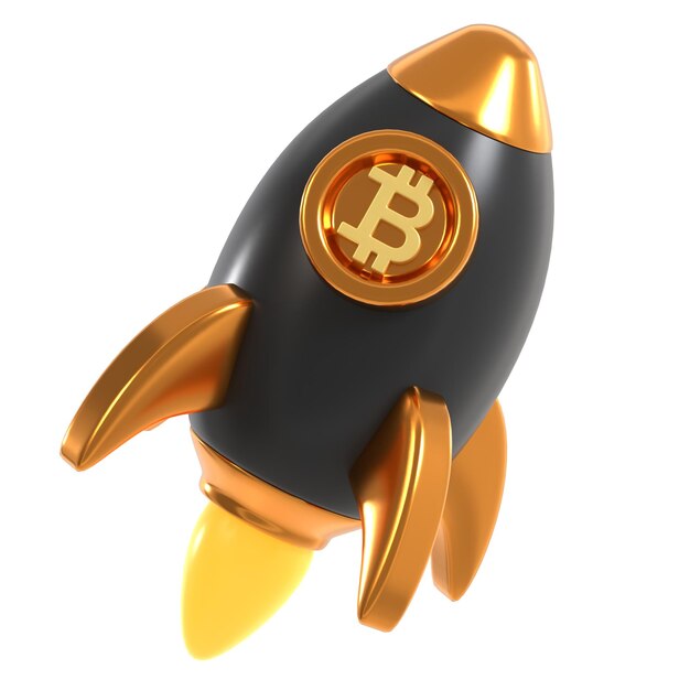 Ícone 3D Bitcoin Rocket Ilustração 3D Elemento 3D Rendering Elementos gráficos Elemento de design