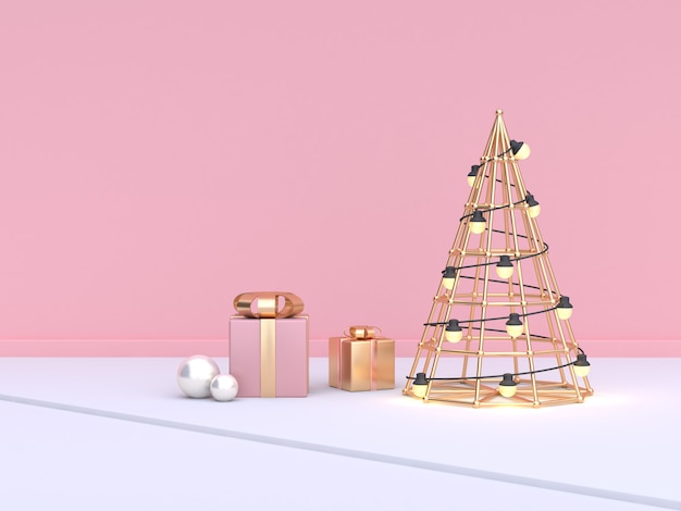 cone abstrato árvore de natal rosa parede presente caixa conjunto renderização em 3d