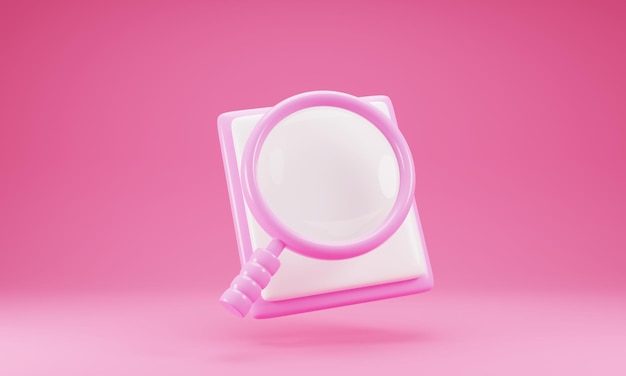 Ícone da área de transferência com lupa isolada na ilustração 3d de fundo rosa