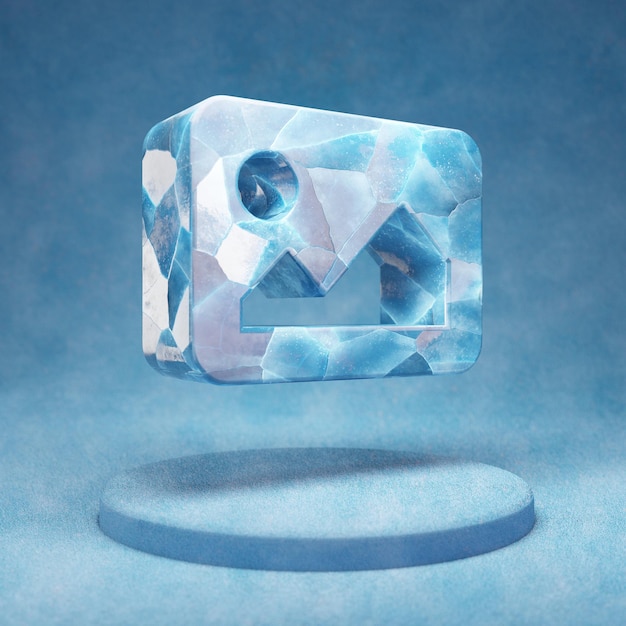 Ícone da imagem. Símbolo de imagem de gelo azul rachado no pódio de neve azul. Ícone de mídia social para site, apresentação, elemento de modelo de design. Renderização 3D.