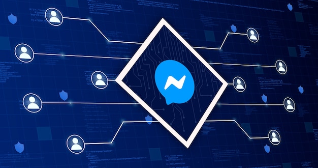 Ícone da rede social do Messenger conectando o sistema com outros usuários em um fundo tecnológico com elementos de código 3d