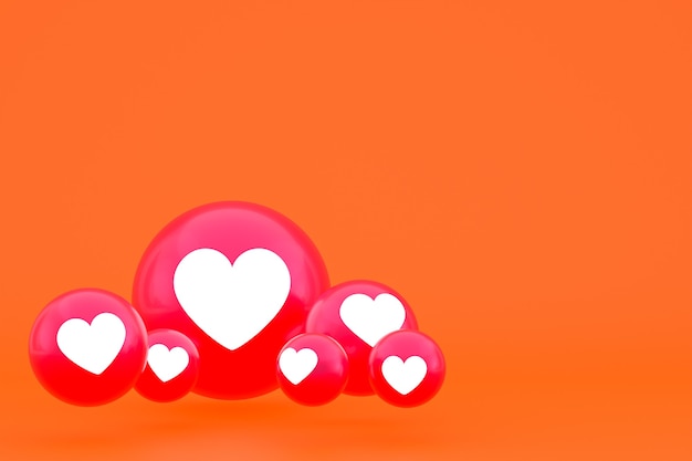 Ícone de amor Reações do Facebook emoji renderização 3D, símbolo de balão de mídia social em fundo laranja